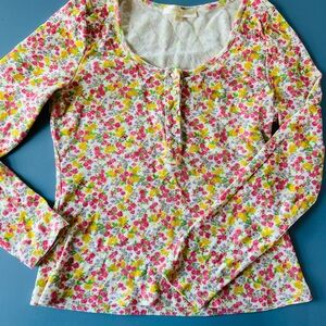 LoveShackFancy White Long-Sleeve Scoop-Neck Top with Pink & Yellow Floral Print